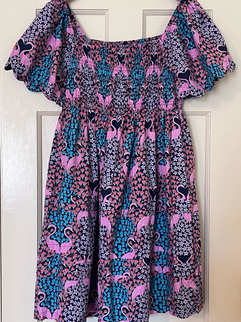 Womens sz L Simply Southern Flamingo Smocked Casual Dress - Picture 2 of 5